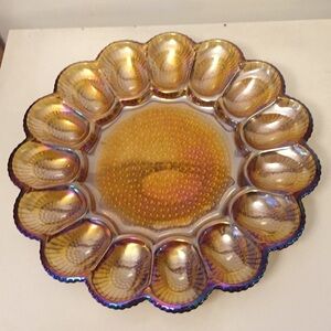 Indiana Carnival Glass Iridescent Amber Hobnail Deviled Egg Dish Platter